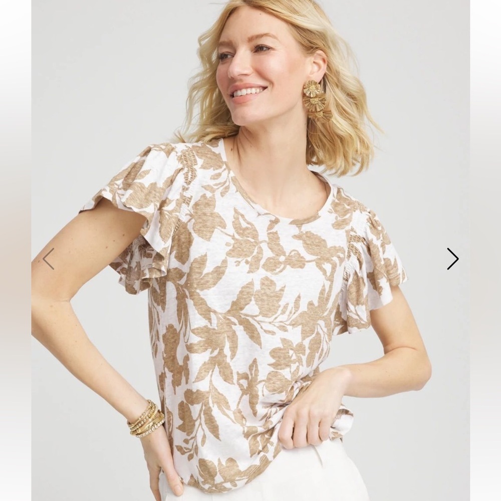 Chico’s Linen Leaf Print Flutter Sleeve Tee tan white Sz 3 US XL 16-18